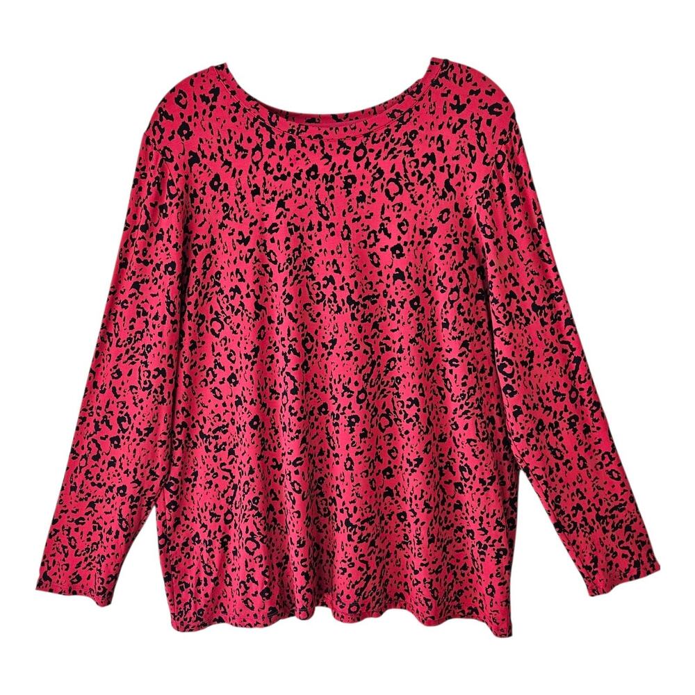 CHICO'S 3 Women's XL Tunic Top Red Black Cheetah Animal Print Long Sleeve 44"